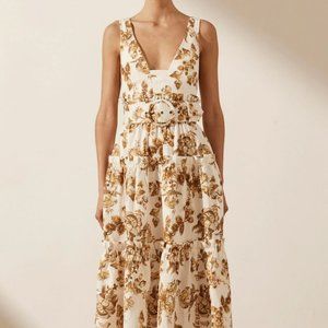 NWT Shona Joy BELLA LINEN PLUNGED TIERED MIDI DRESS